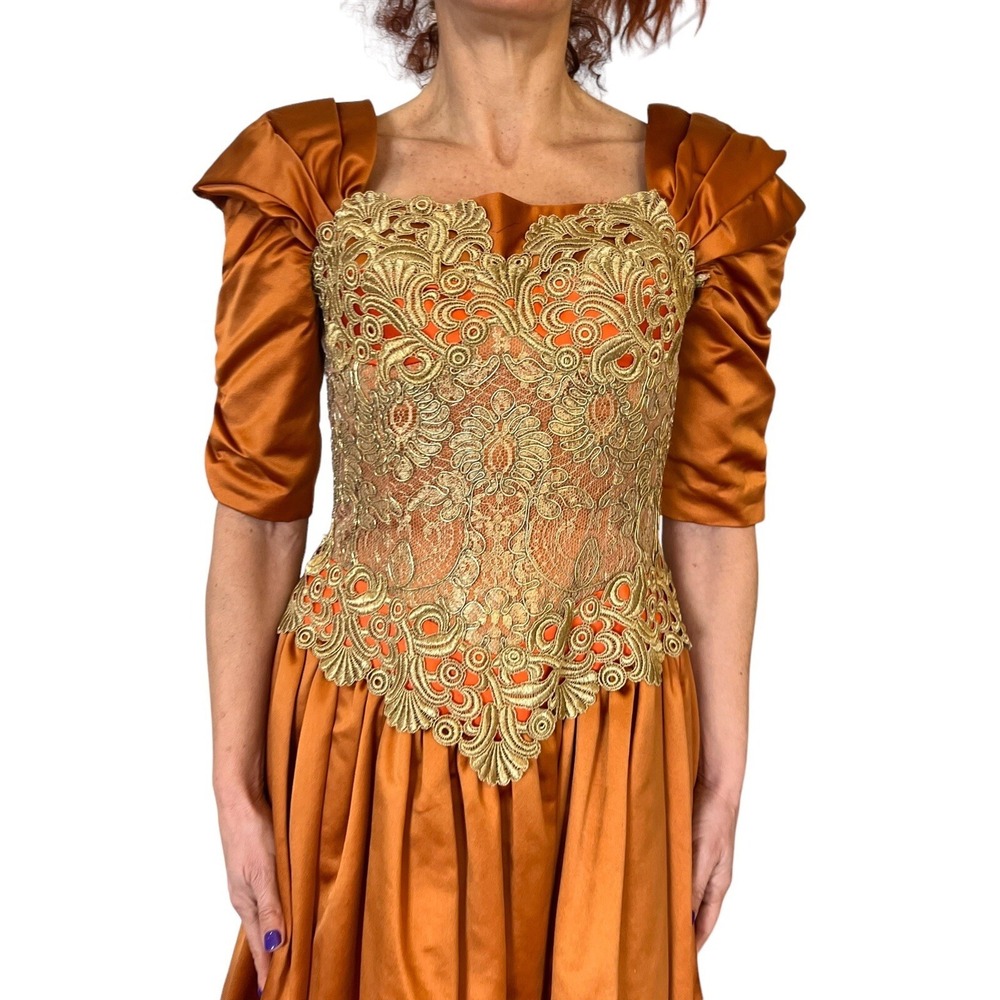 ESCADA COUTURE WOMEN'S SILK SATIN ORANGE EMBROIDERED VICTORIAN BALL GOWN 36 4/6 - Picture 5 of 15